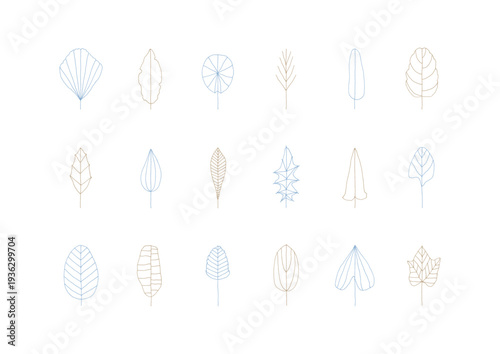 青と茶色の色々な形をした葉っぱの線画手描きイラストセット2