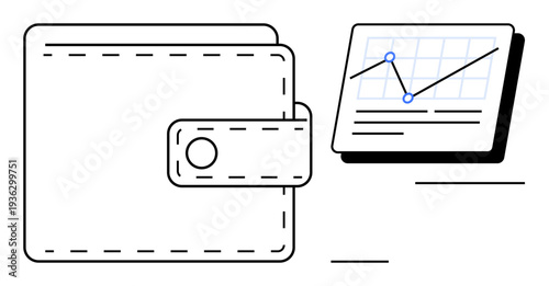 Wallet next to a financial chart with upward trends and data points. Ideal for finance, budgeting, investment, savings, management, economy, business. Simple flat metaphor