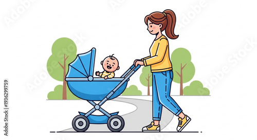 Mother pushing baby stroller on sidewalk with trees in background happy family moment