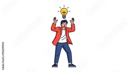 Man with lightbulb above head, symbolizing a new idea, inspiration, or 'aha!' moment. Creative thought concept.
