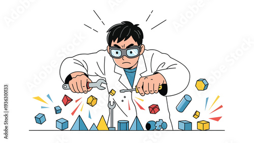 Frustrated scientist fixing complex geometric shapes with tools, problem-solving concept illustration