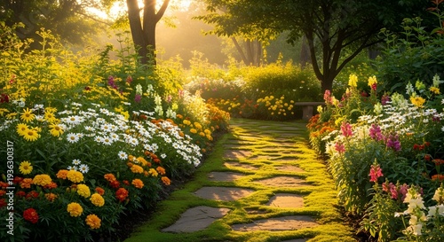 Serene Garden Pathway with Vibrant Flowers.
