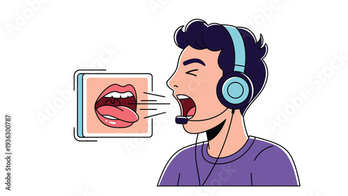 Man in headset speaking into microphone, illustrating voice recognition, audio input, and speech technology