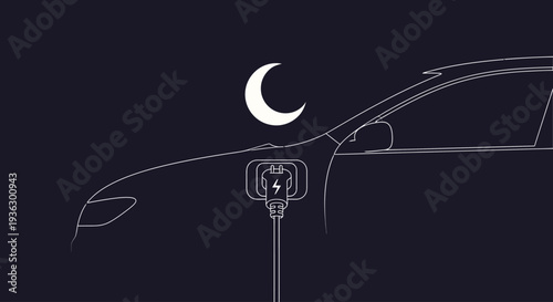 Electric car charging at night under a crescent moon.