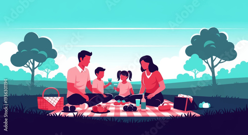Family enjoying a picnic in a park on a sunny day.