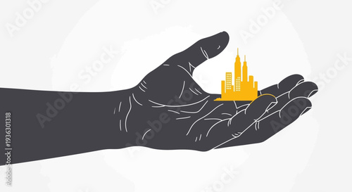 Hand holding a miniature city skyline illustration.