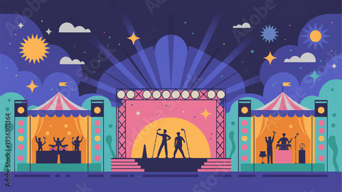 Vibrant carnival stage with performers under starry night sky with colorful tents and lights