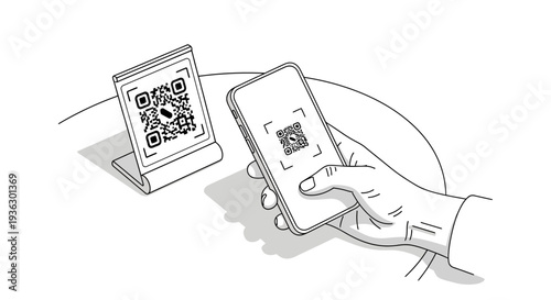 Hand holding smartphone scanning QR code on table stand.