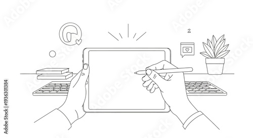 Hands drawing on a digital tablet with a stylus pen.