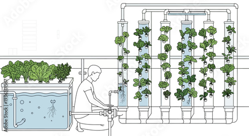 Hydroponic Vertical Farming System with Person Tending Plants.