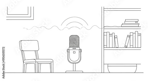 Illustration of a microphone in a recording studio with a chair and bookshelf.