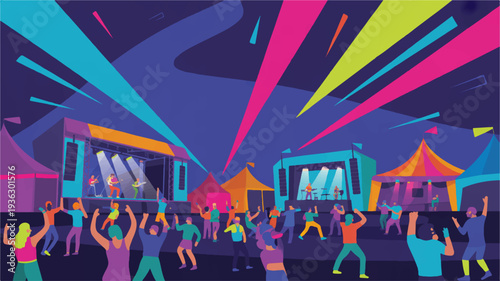 Vibrant festival crowd dancing under colorful lights at night party with tents and stage