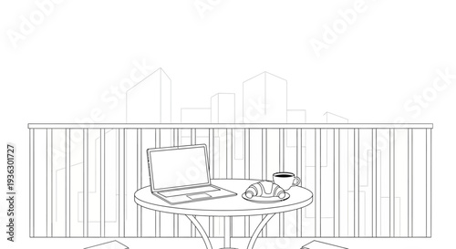 Laptop and breakfast on a table with a city view.