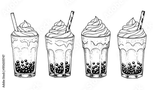 Bubble milk tea hand drawn vintage vector illustration set