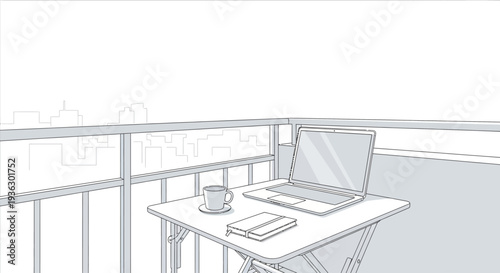 Laptop and coffee on a small table on a balcony.