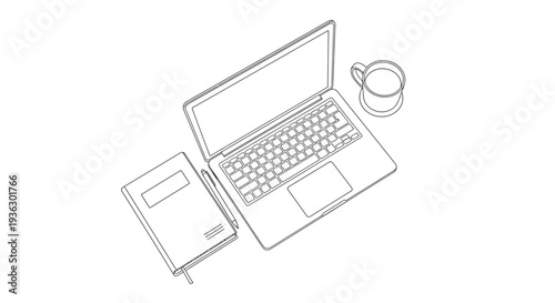 Laptop notebook and coffee mug illustration.