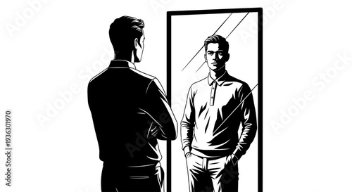 Man looking at his reflection in a mirror.