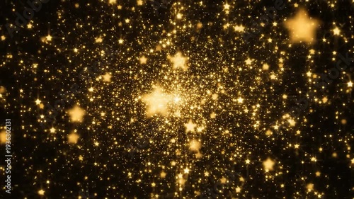 Golden sparkling stars radiating from a bright central light source