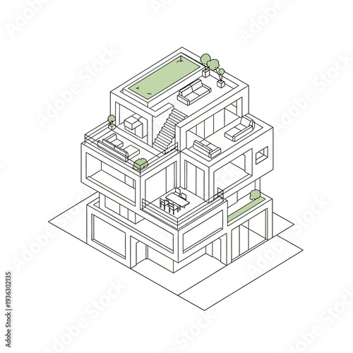 Modern multi-story building with rooftop garden and balconies.