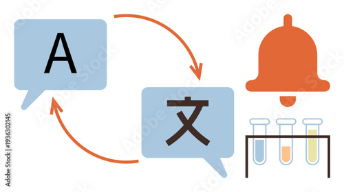 Language translation, notifications, linguistic tools, science communication, globalization, technology. Speech bubbles with arrows, a bell and lab test tubes. Language translation and notifications