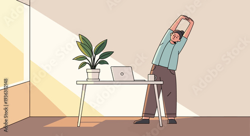 Man stretching at desk with laptop and plant.