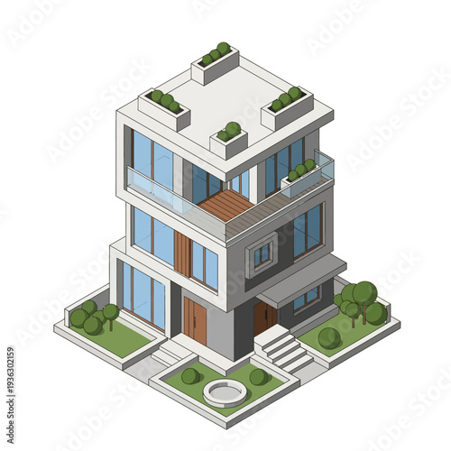 Modern three-story house with balconies and rooftop garden.