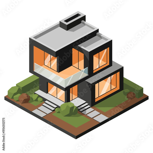 Modern Two Story House with Orange Windows and Gray Roof.