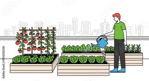 Man watering plants in urban rooftop garden with city skyline.