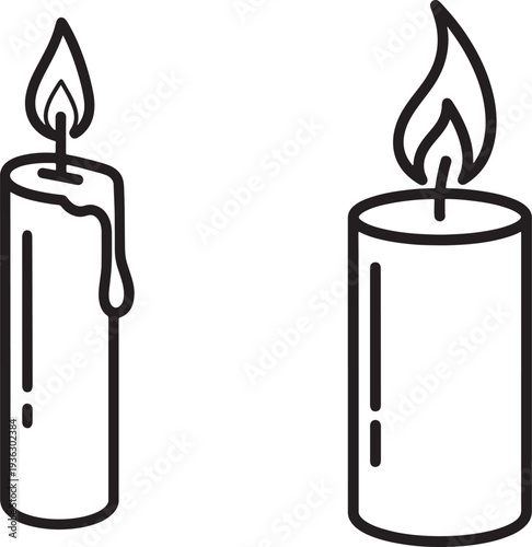 Line art illustration of two burning candles in simple black and white