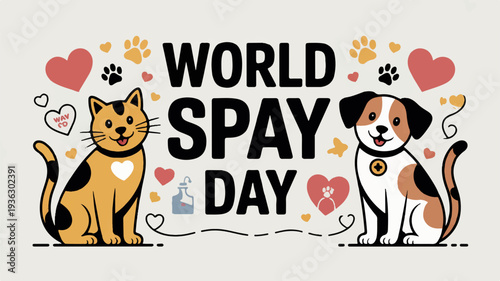 World spay day awareness illustration with cat and dog and hearts