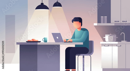 Man working on laptop at kitchen counter with morning light.