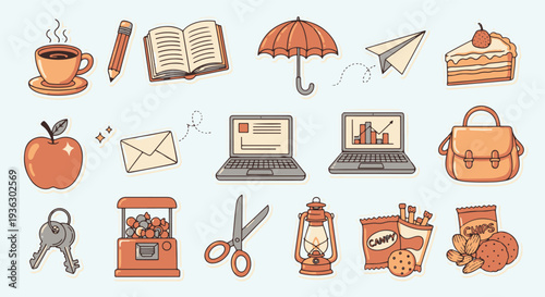 Collection of various handdrawn objects and items for everyday use and work.