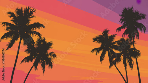 Silhouetted palm trees against vibrant sunset sky with orange pink and purple hues tropical atmosphere