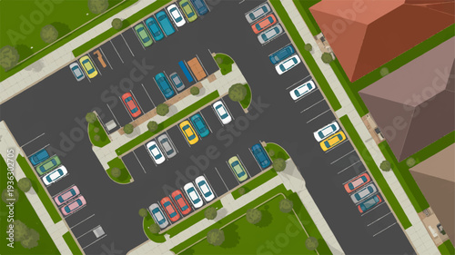 Overhead view of a busy parking lot with various cars and buildings nearby suburban area