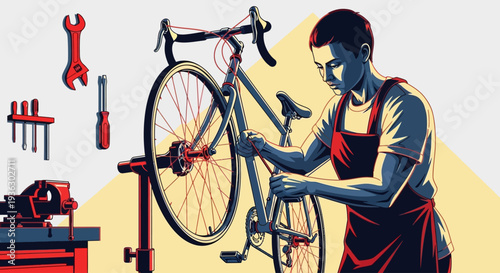 Mechanic working on a bicycle in a workshop.
