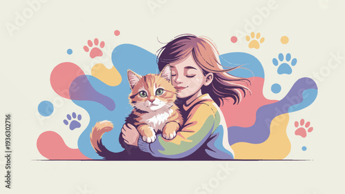 Warm hearted girl hugging adorable orange tabby cat with colorful abstract paw prints background