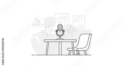 Minimalist illustration of a podcast studio setup with microphone and chair.