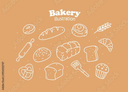 Bakery illustration with brown background. Food packaging, menu illustration hand drawn. Wrapping design, food business, bakeshop