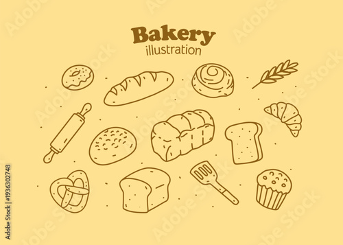 Bakery illustration with cream background. Food packaging, menu illustration hand drawn. Wrapping design, food business, bakeshop