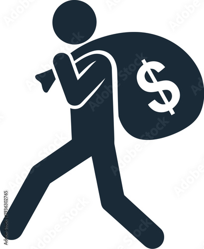 Silhouette figure of a thief carrying a large sack marked with a prominent dollar sign across the shoulder.