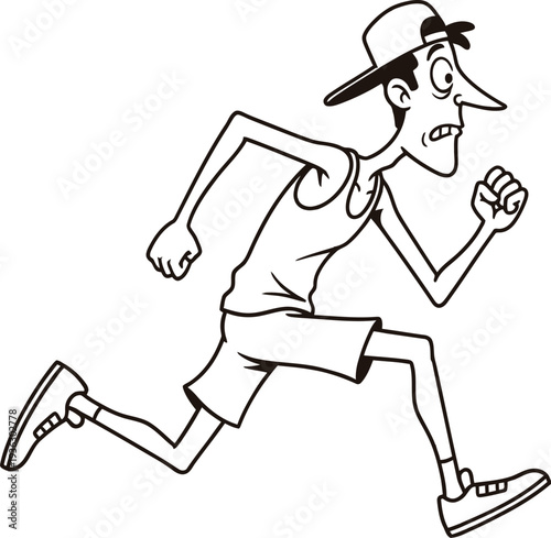 Exhausted cartoon runner with a hat sprints forward with an anxious expression and very thin limbs.