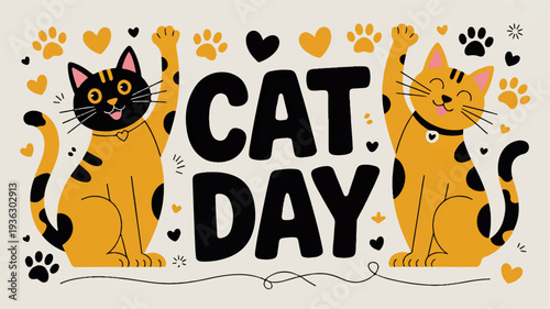 Two cheerful orange cats celebrating cat day with paw raised high surrounded by hearts and paw prints