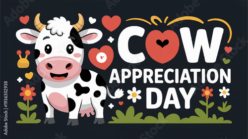 Cow appreciation day illustration with smiling cow hearts flowers on black background