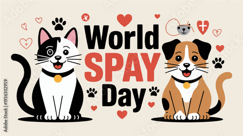 World spay day awareness illustration with cute cat and dog