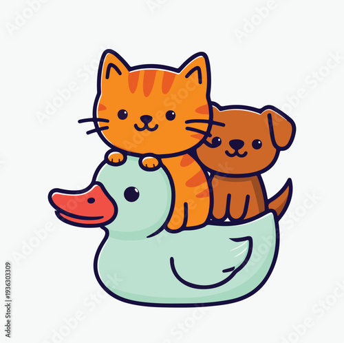 Delightful cartoon illustration of an adorable orange cat and a sweet brown puppy dog riding a cute light blue rubber duck.