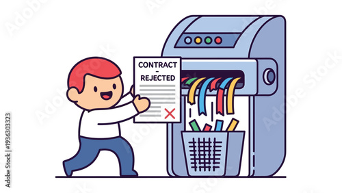 Cartoon person shredding a "Rejected Contract." Business termination, document destruction, and data disposal illustration.