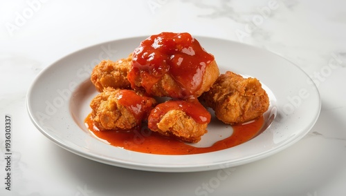 Crispy Fried chicken in a white plate with tomato sauce on white background table