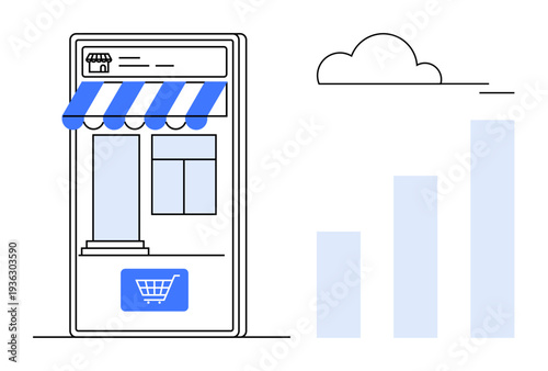 E-commerce growth. E-commerce mobile storefront design next to analytics chart sales and digital business growth. E-commerce for mobile apps, sales tracking, business strategy, online shopping