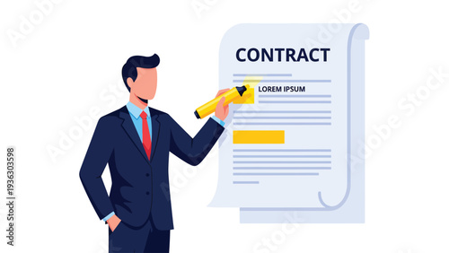 Professional highlighting a contract document. Man reviewing legal agreement terms and conditions for signing.