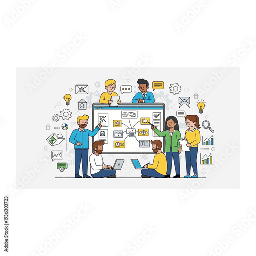 A group of people standing around a large computer screen